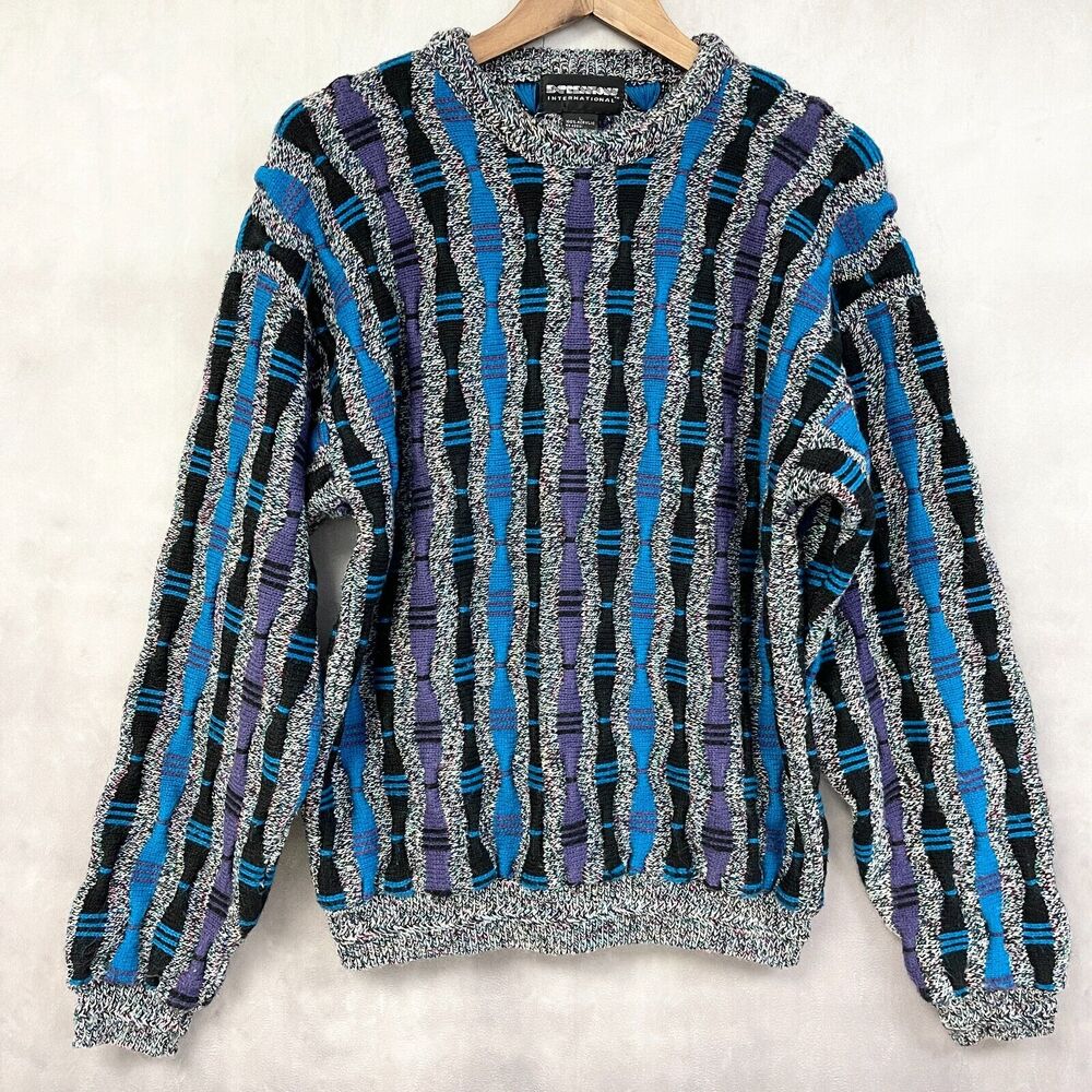 VTG Expressions International 3-D‎ Knit Sweater Mens Large Grandpa 90s Grunge